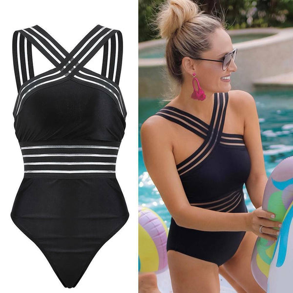 Black Striped One Piece Bikini