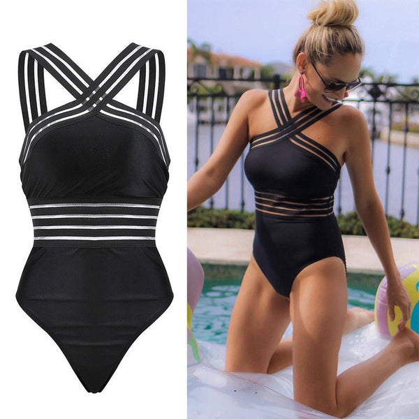 Black Striped One Piece Bikini